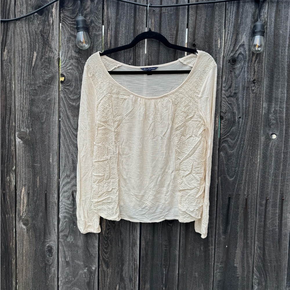 American Eagle Cream White Long Sleeve Scoop Neck Boho Embroidered Top small